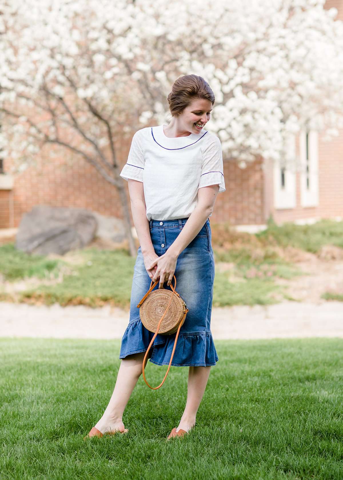 Denim ruffle midi skirt hotsell