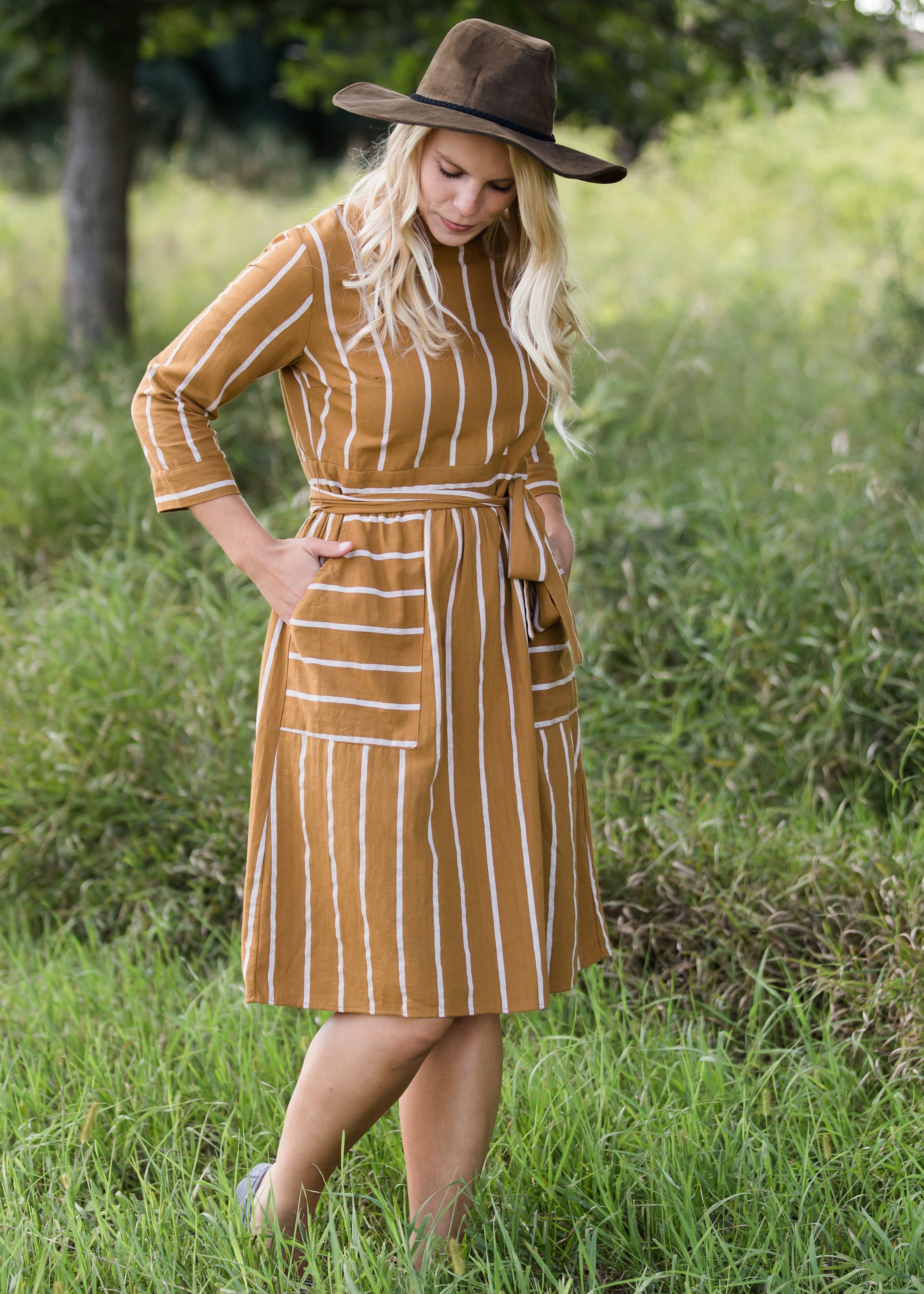 Womens Mod Striped Mustard Midi Dress Inherit Co 2243