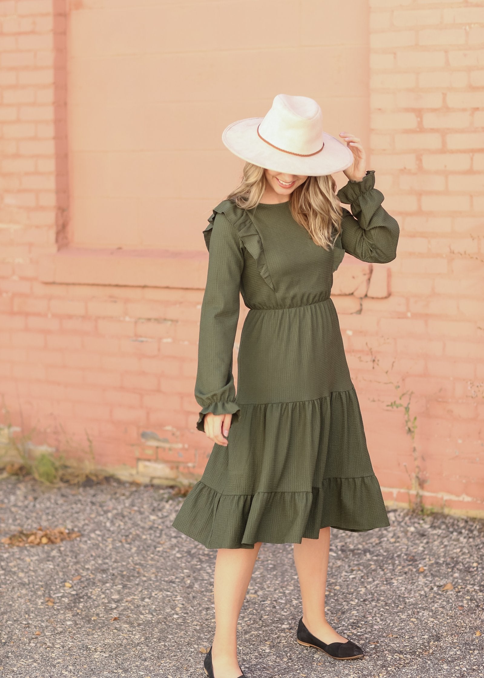 Ruffle Tiered Layered Long Puff Sleeve Midi Dress Inherit Co