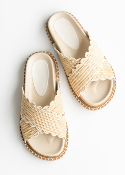 Beige Double Strap Raffia Slide Shoes