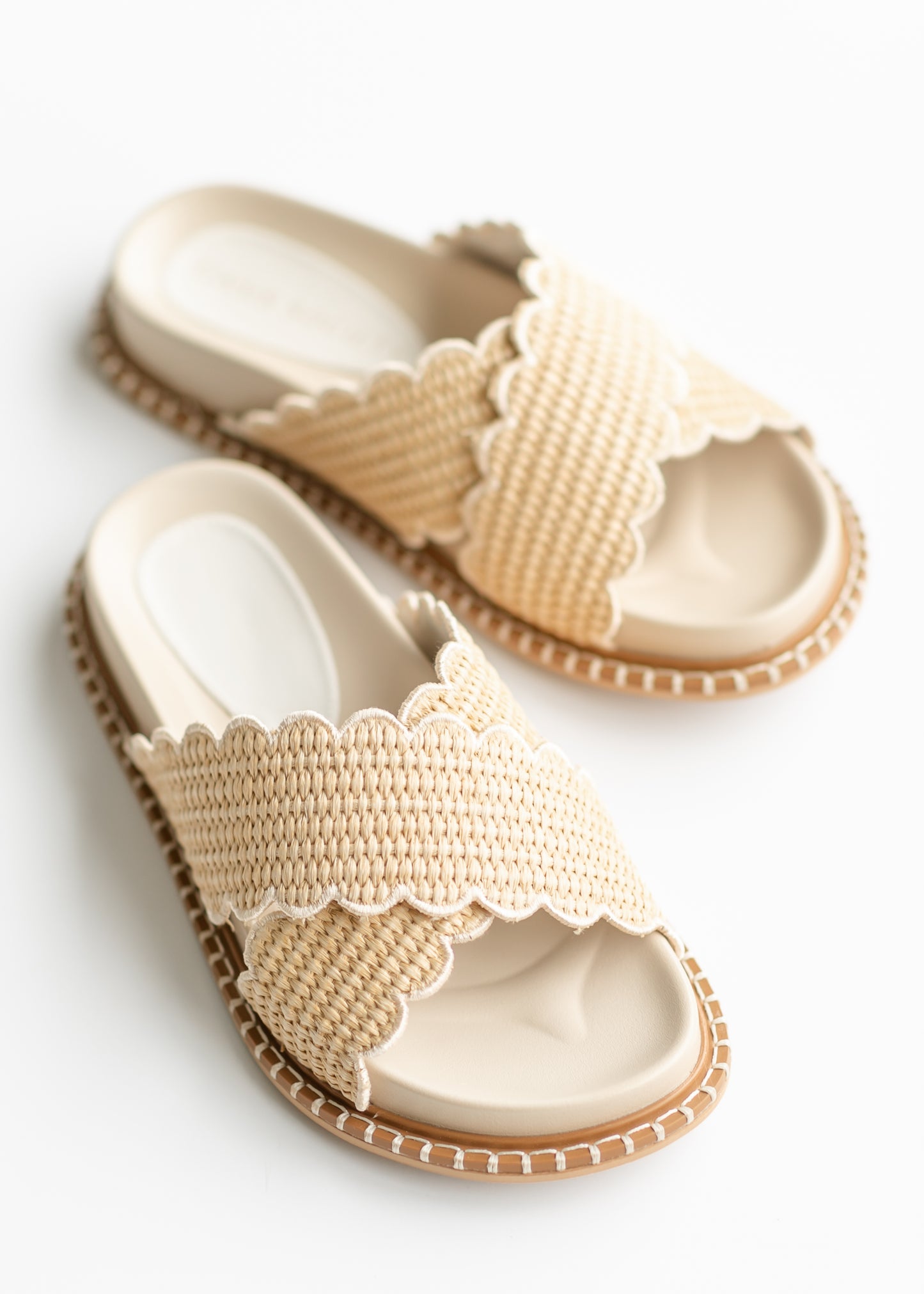 Beige Double Strap Raffia Slide Shoes