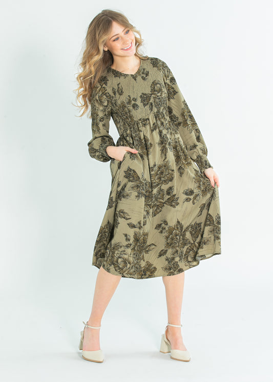 Aleeyah Smocked Long Sleeve Midi Dress