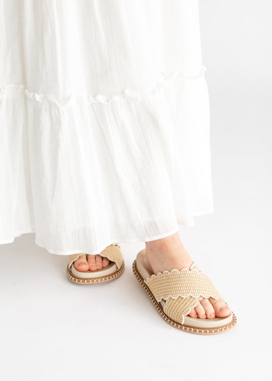 Beige Double Strap Raffia Slide Shoes