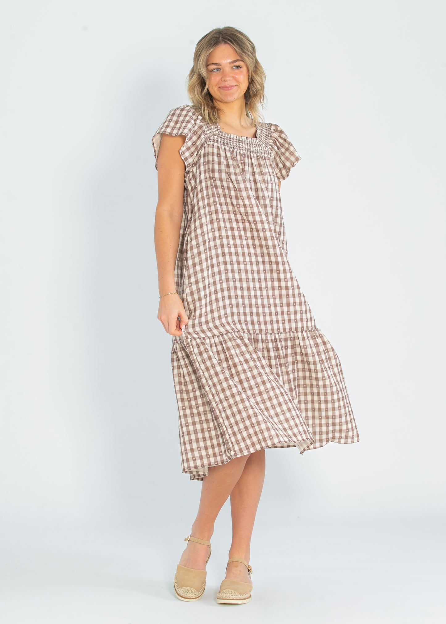 Brown Gingham Short Sleeve Maxi Dress