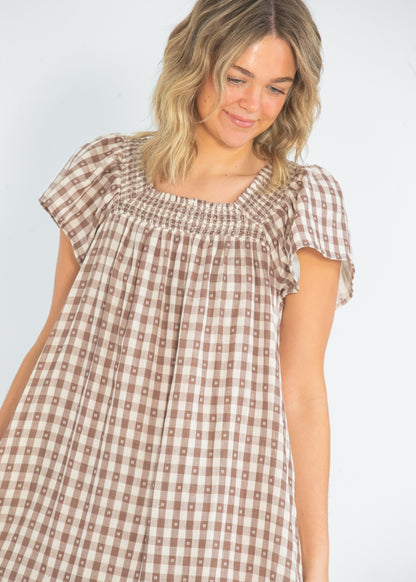 Brown Gingham Short Sleeve Maxi Dress