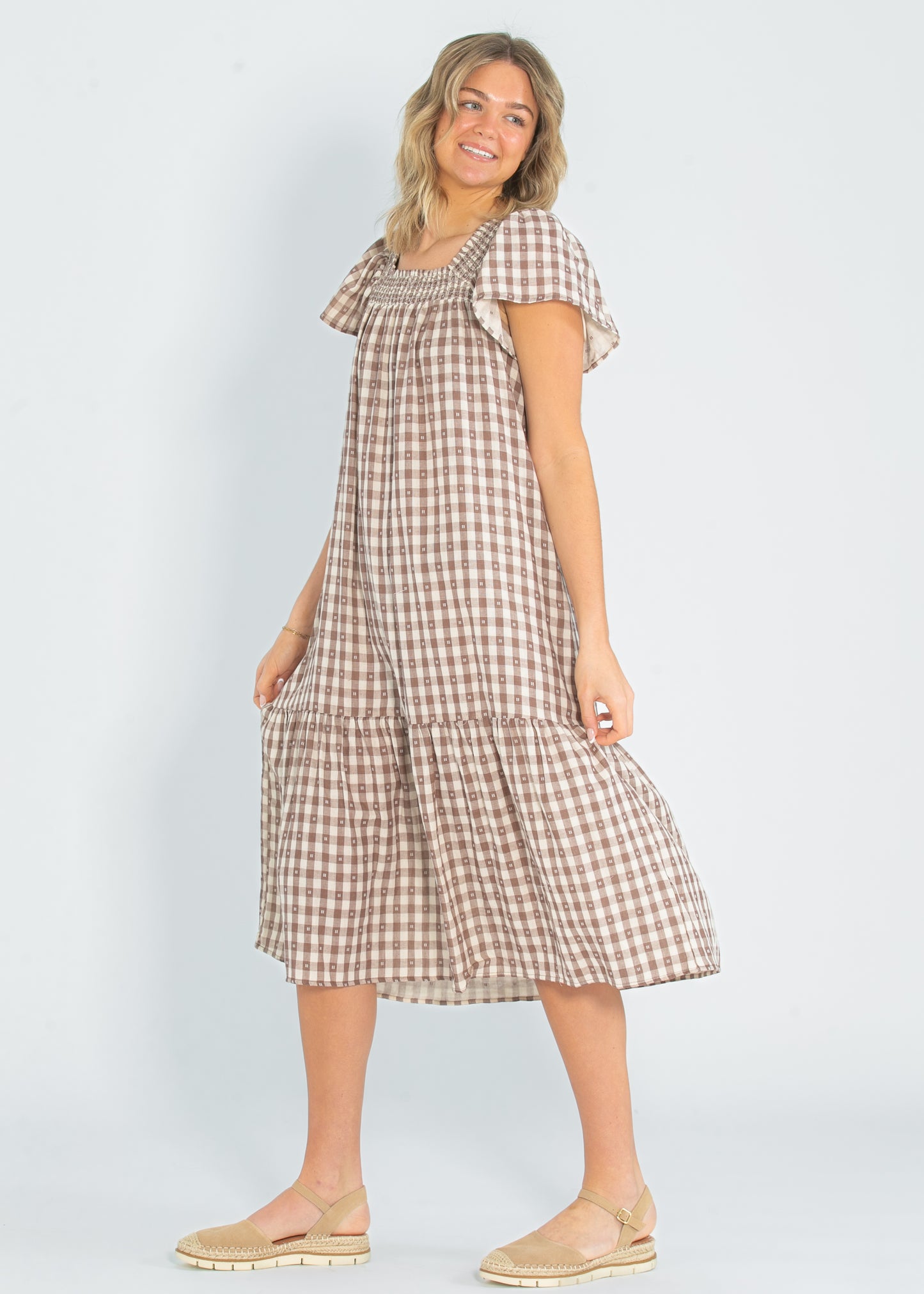 Brown Gingham Short Sleeve Maxi Dress