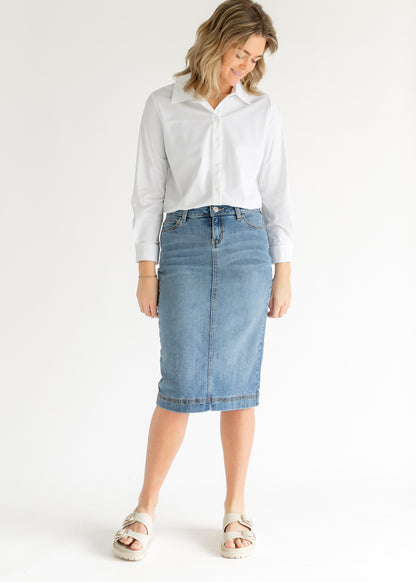 Bryn Light Wash Denim Midi Skirt