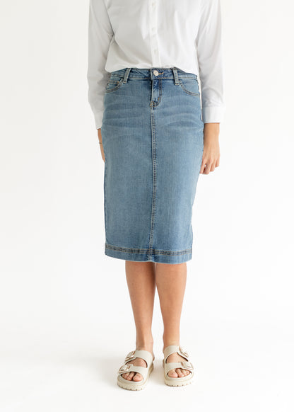 Bryn Light Wash Denim Midi Skirt