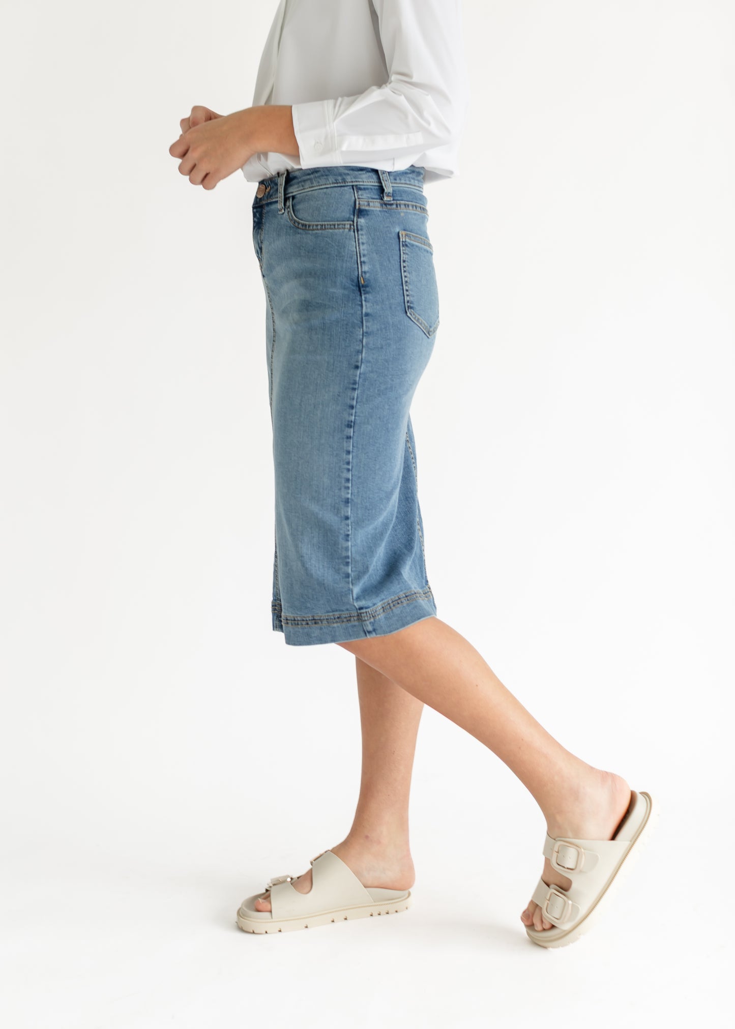 Bryn Light Wash Denim Midi Skirt