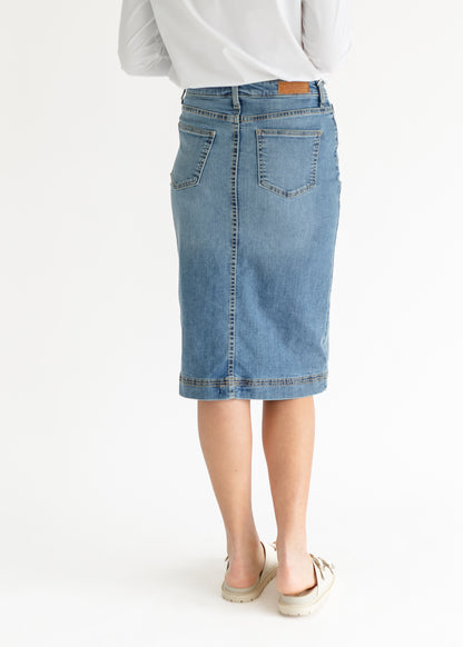 Bryn Light Wash Denim Midi Skirt