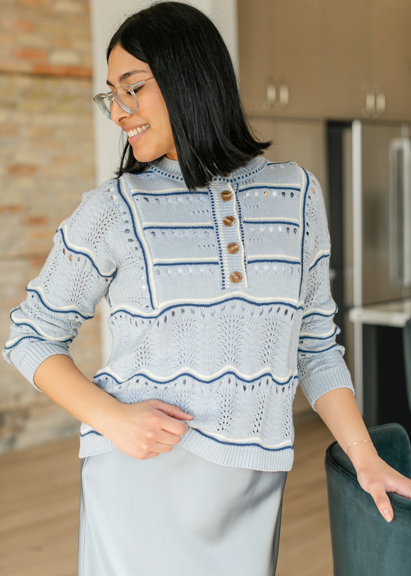 Elora Blue Quarter Button Sweater