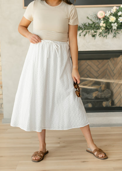 White Eyelet Lace Drawstring Midi Skirt