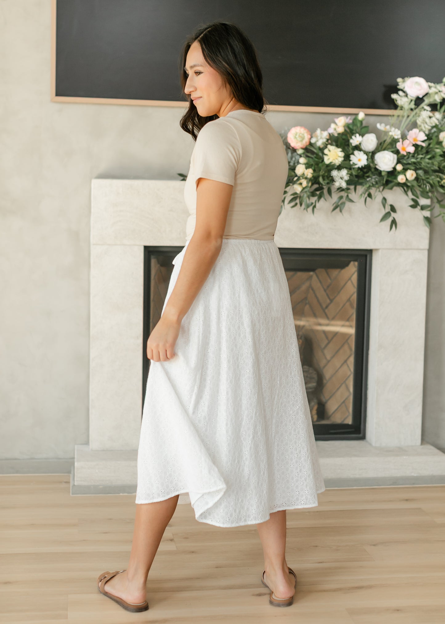 White Eyelet Lace Drawstring Midi Skirt