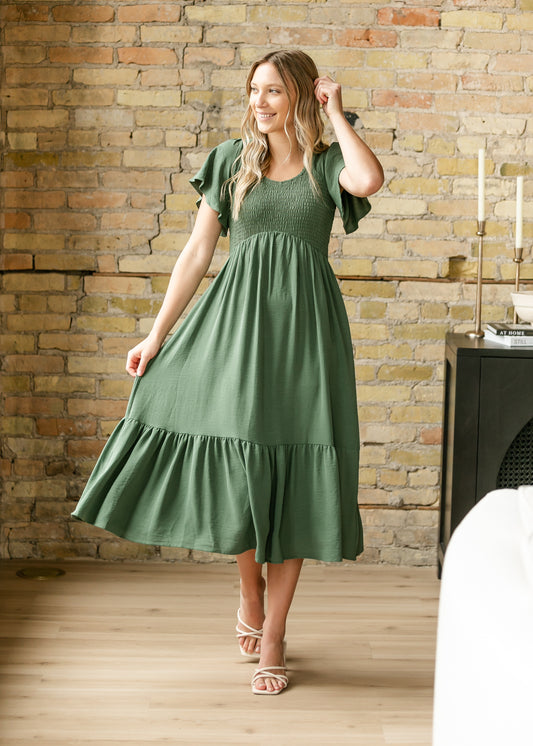 Flutter Sleeve Smocked Green Midi Dress
