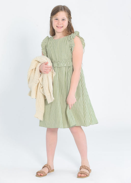 Girl's Linen Feel Striped Ruffled Dress