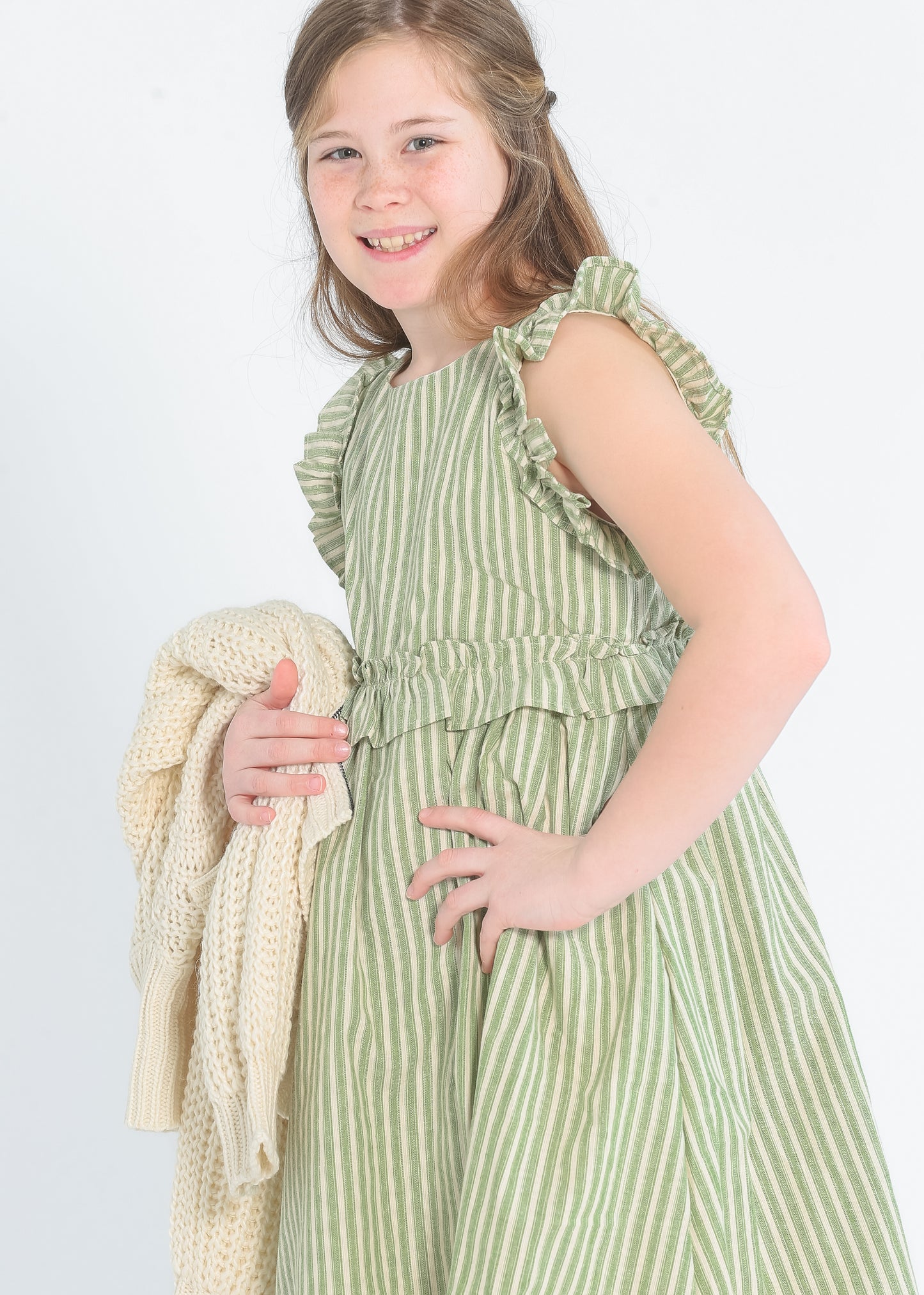 Girl's Linen Feel Striped Ruffled Dress