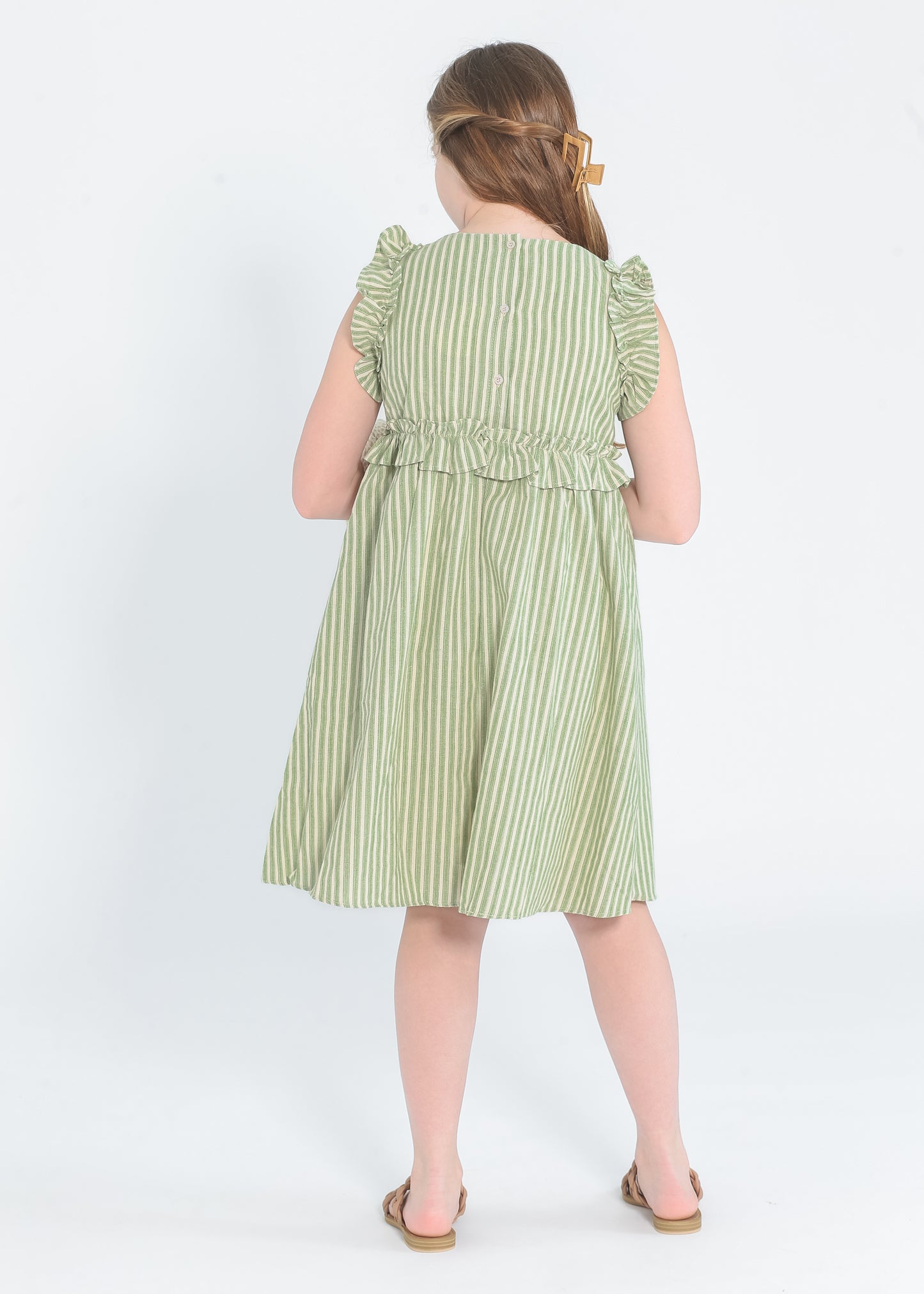 Girl's Linen Feel Striped Ruffled Dress