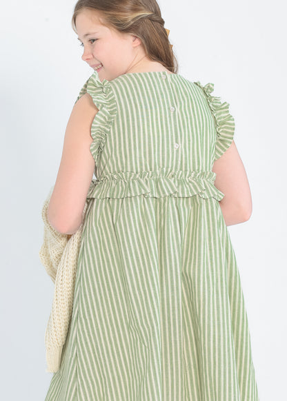 Girl's Linen Feel Striped Ruffled Dress