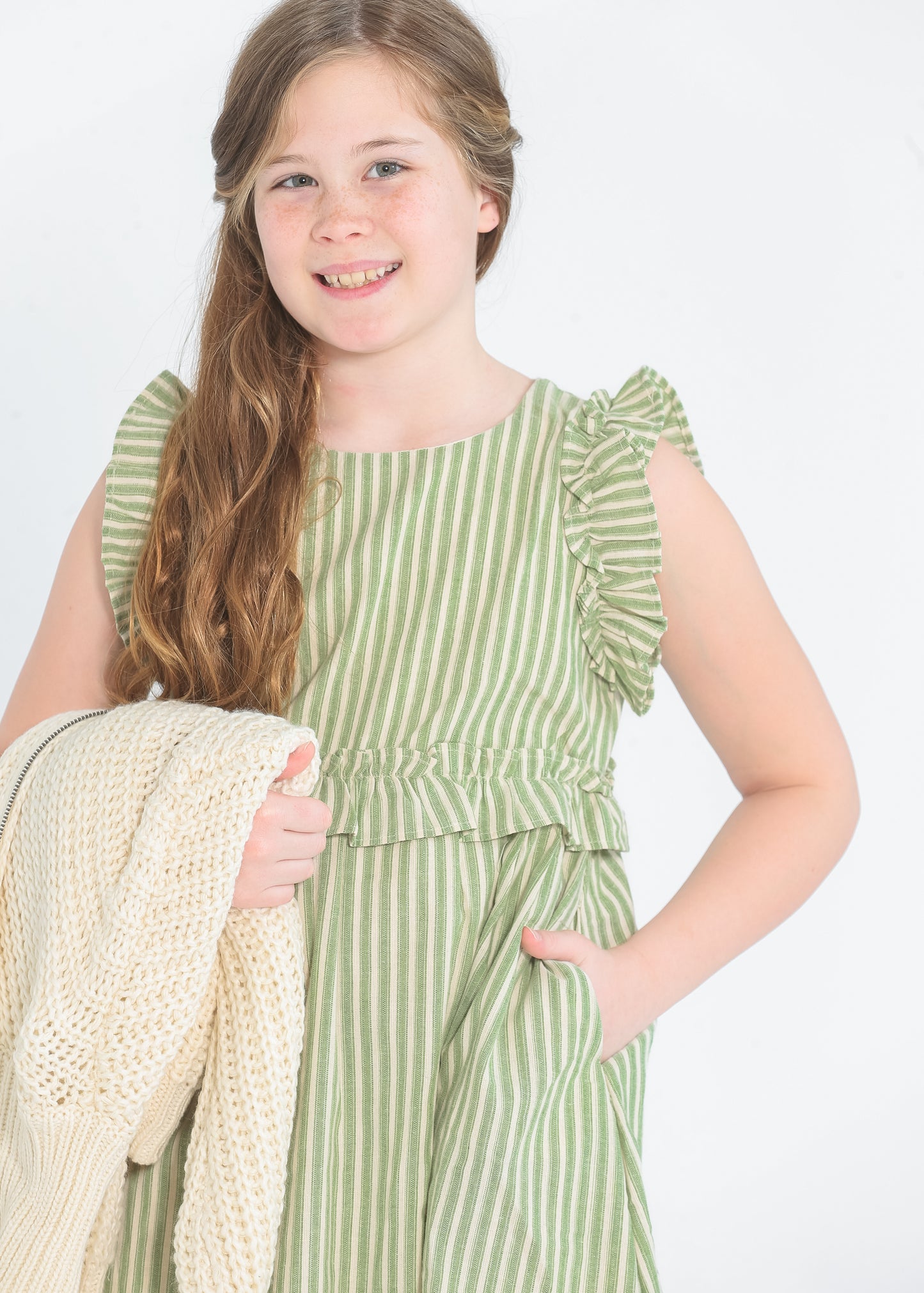 Girl's Linen Feel Striped Ruffled Dress