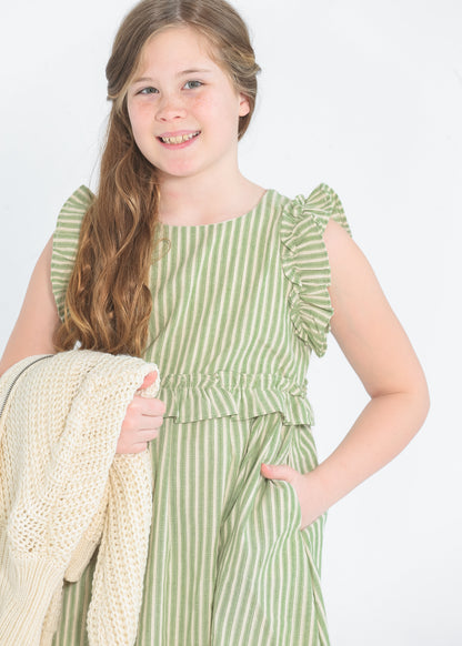 Girl's Linen Feel Striped Ruffled Dress