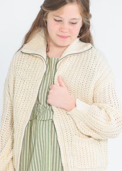 Girl's Zip-up Cream Knit Sweater - FINAL SALE