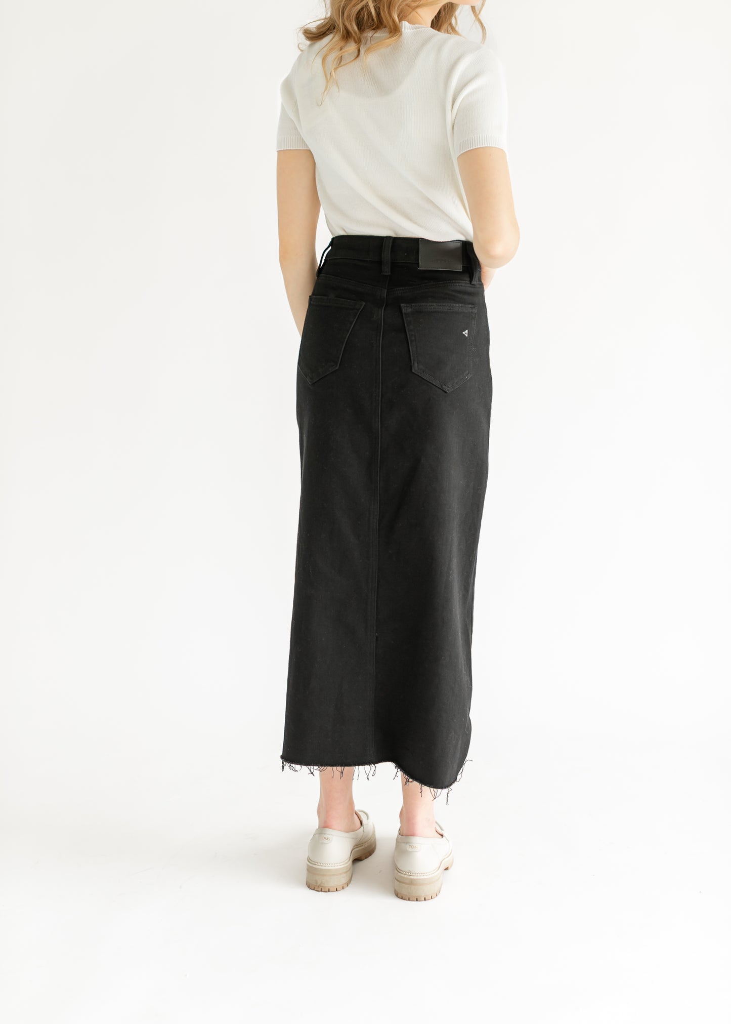 High Rise Midi Black Denim Skirt