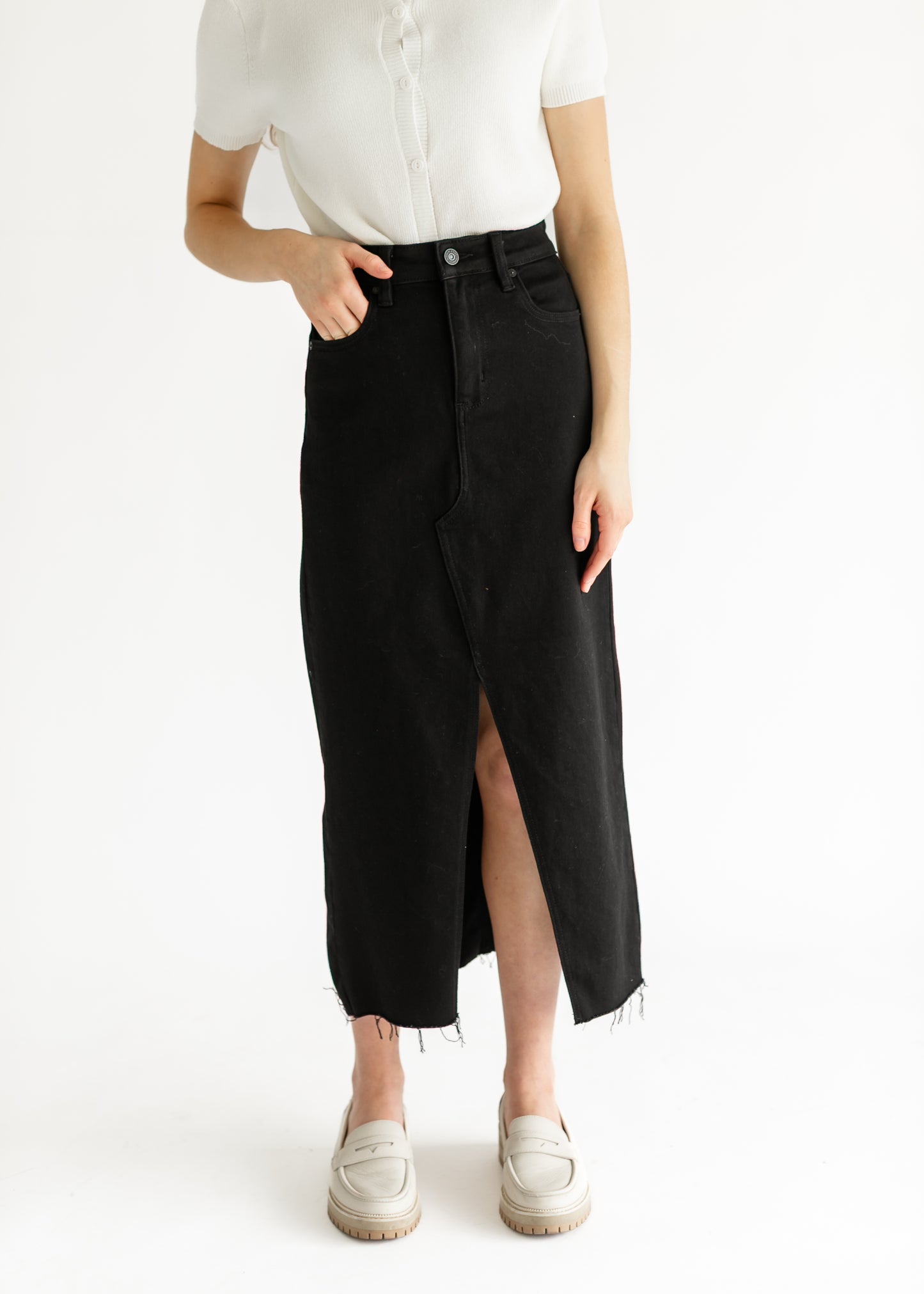 High Rise Midi Black Denim Skirt