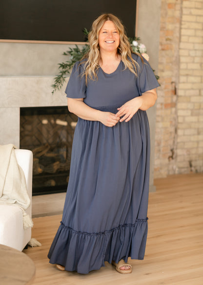 Isabella V Neck Flutter Sleeve Maxi Dress