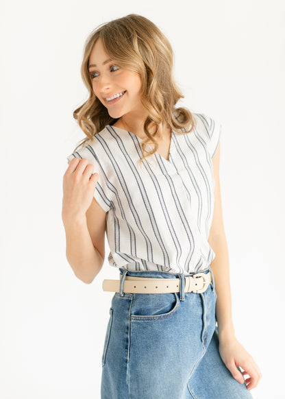 Madison Striped V-neck Short Sleeve Flowy Top