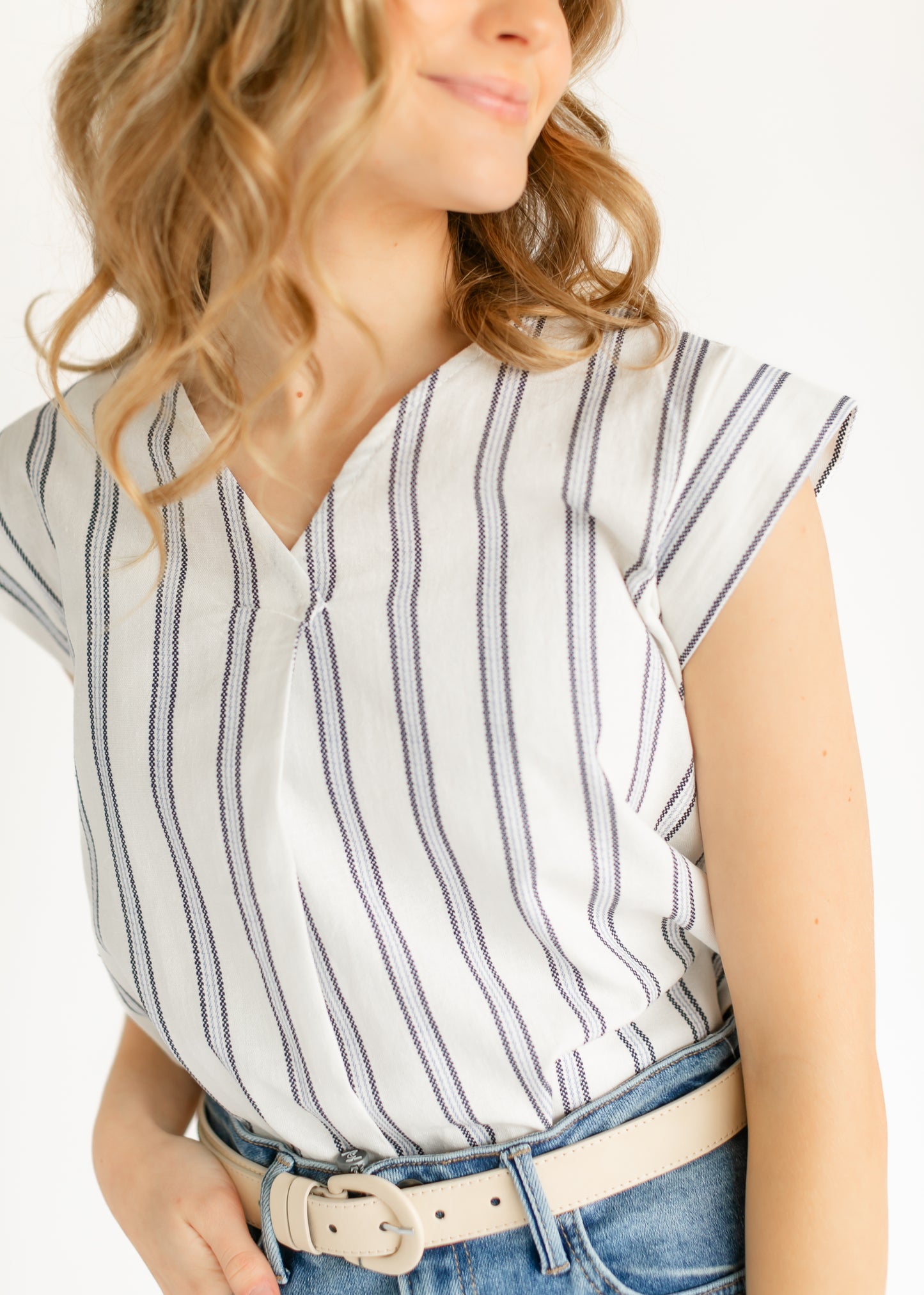 Madison Striped V-neck Short Sleeve Flowy Top