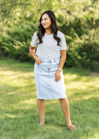 Maelia Distressed Denim Midi Skirt