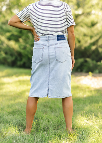 Maelia Distressed Denim Midi Skirt