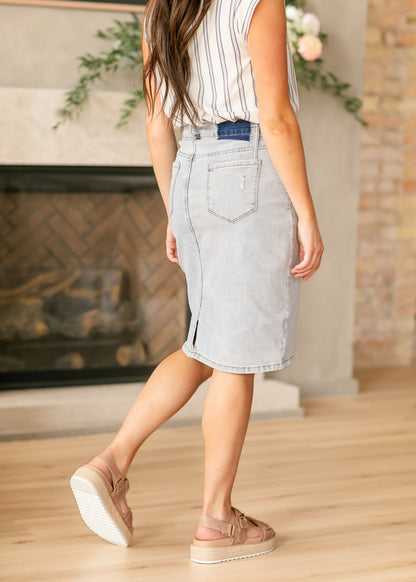 Maelia Distressed Denim Midi Skirt