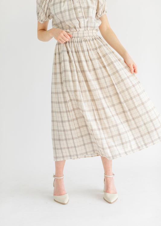 Plaid A-Line Stretch Waist Midi Skirt