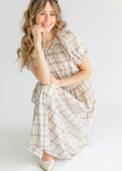 Puff Sleeve Plaid Button Up Top