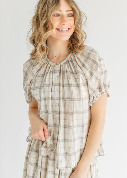 Puff Sleeve Plaid Button Up Top