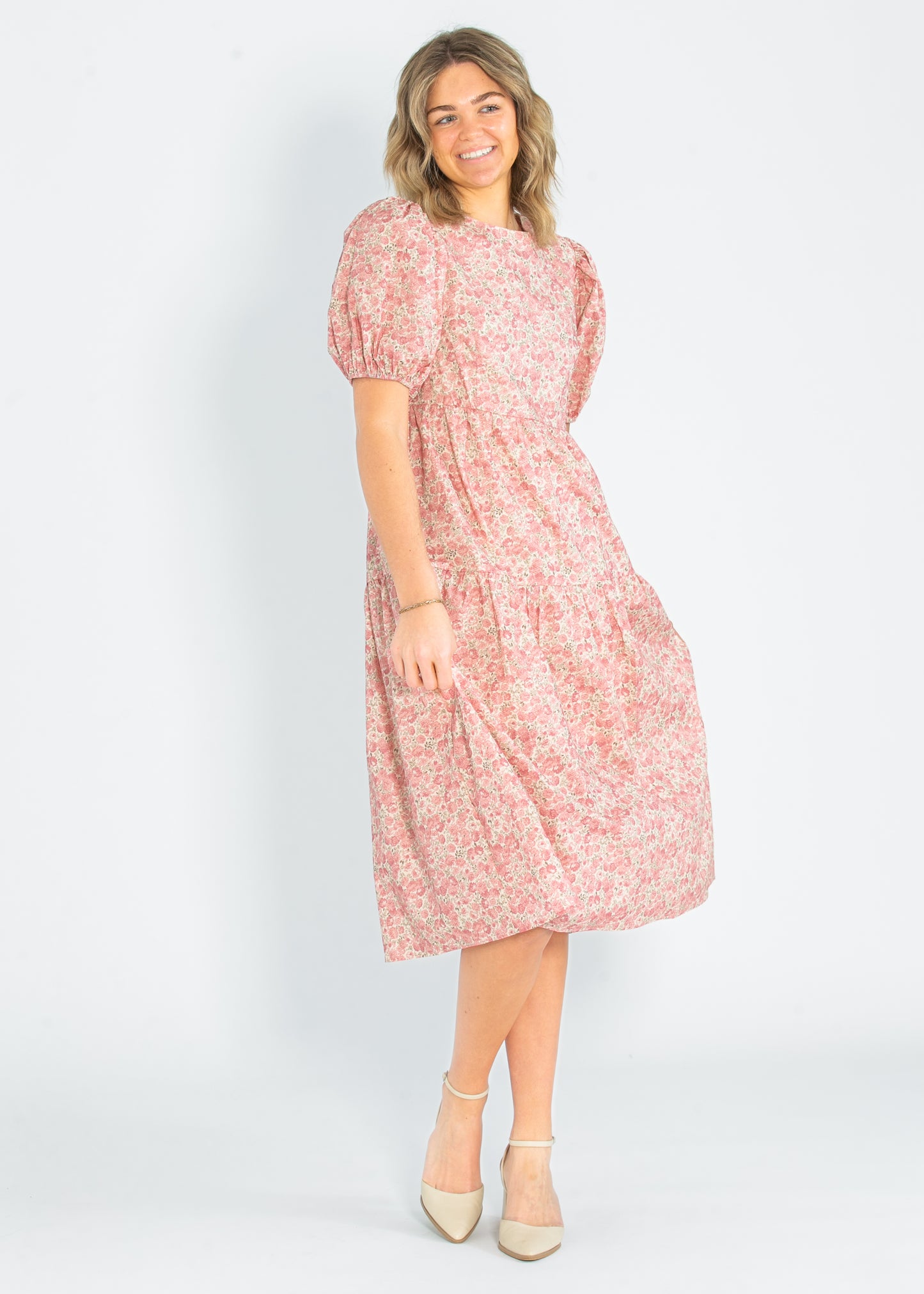 Rose Printed Puff Short Sleeve Maxi Dress