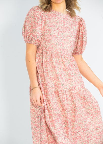 Rose Printed Puff Short Sleeve Maxi Dress