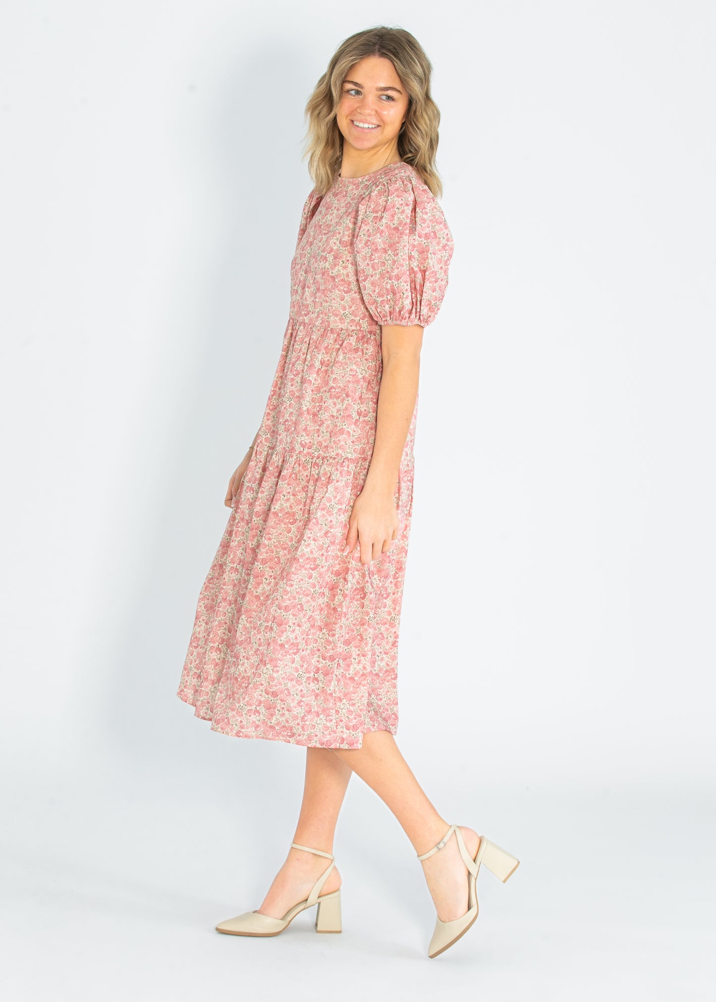 Rose Printed Puff Short Sleeve Maxi Dress