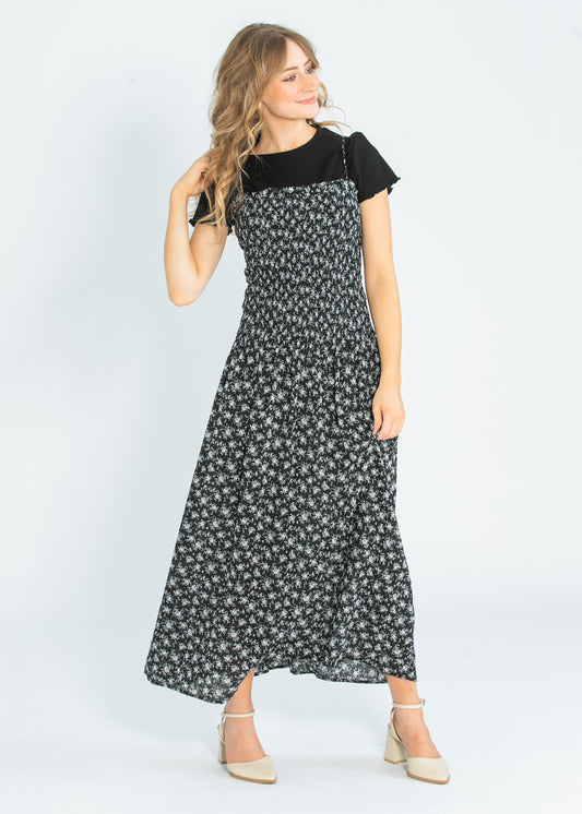 Willa Smocked Black Floral Sleeveless Maxi Dress