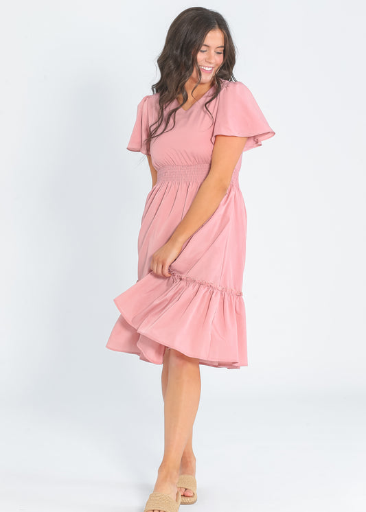 Sophie V Neck Flutter Sleeve Midi Dress