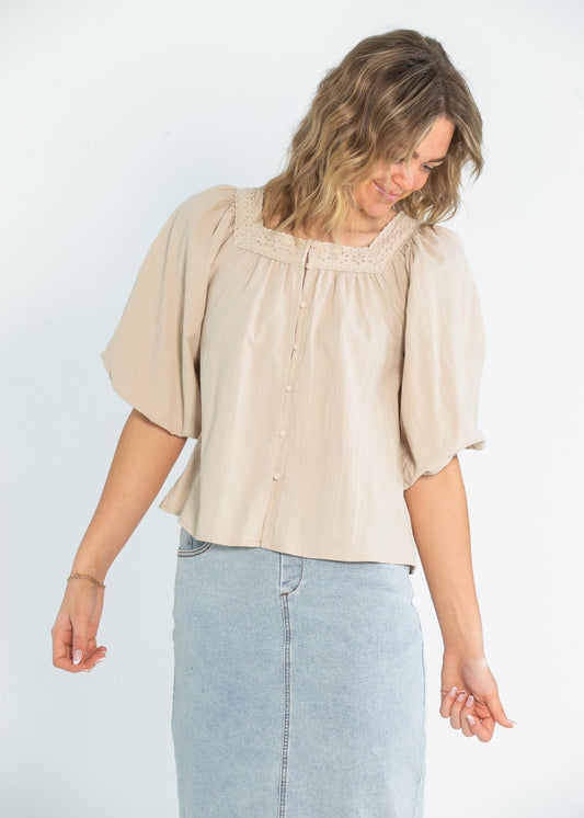 Square Neck Eyelet Lace Trimmed Top