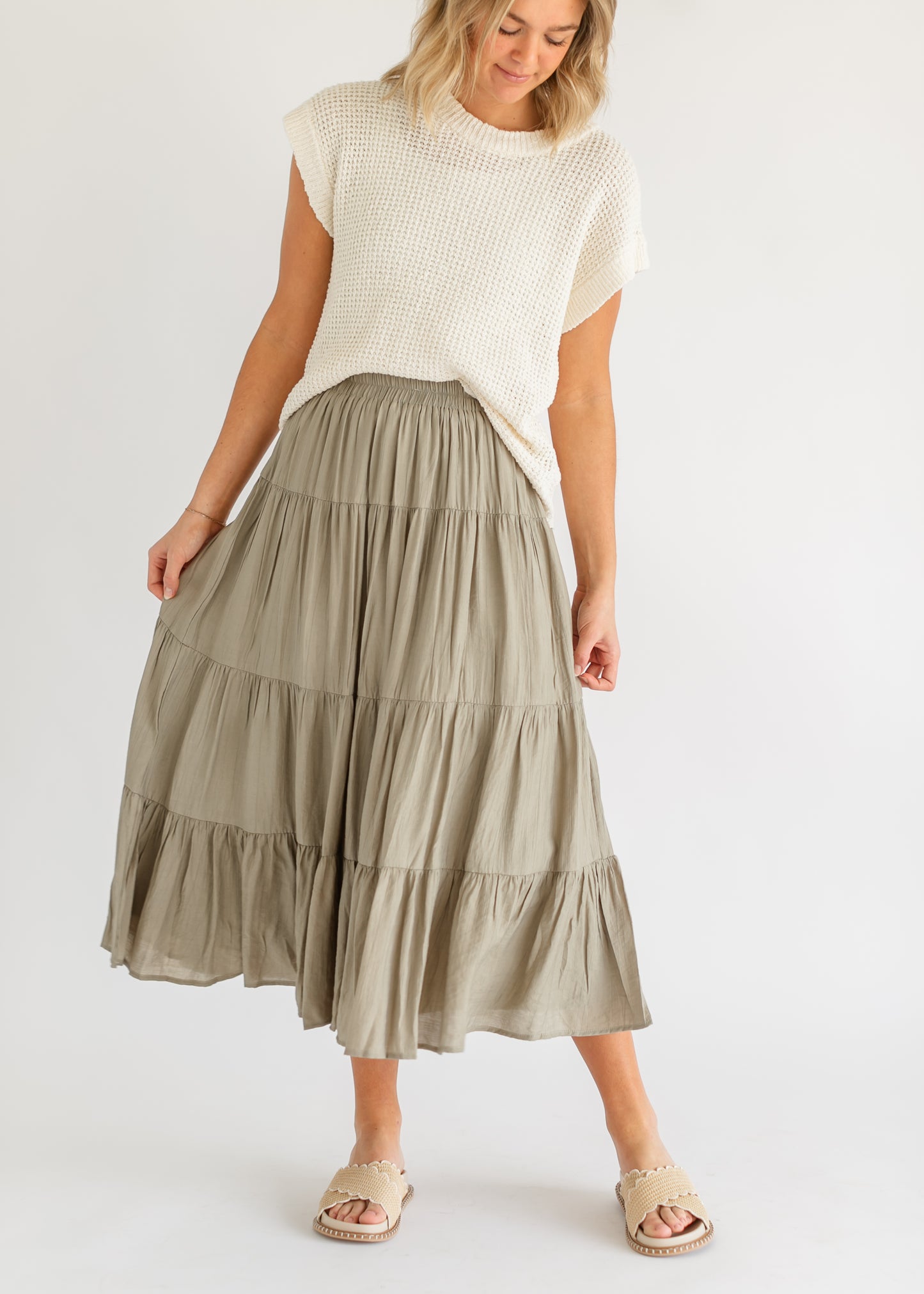 Textured Tiered Elastic Waist Midi Skirt FF Skirts