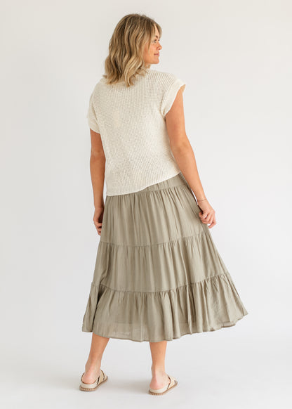 Textured Tiered Elastic Waist Midi Skirt FF Skirts