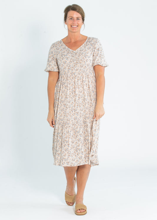 Woven Floral Half Sleeve V-neck Midi Dress