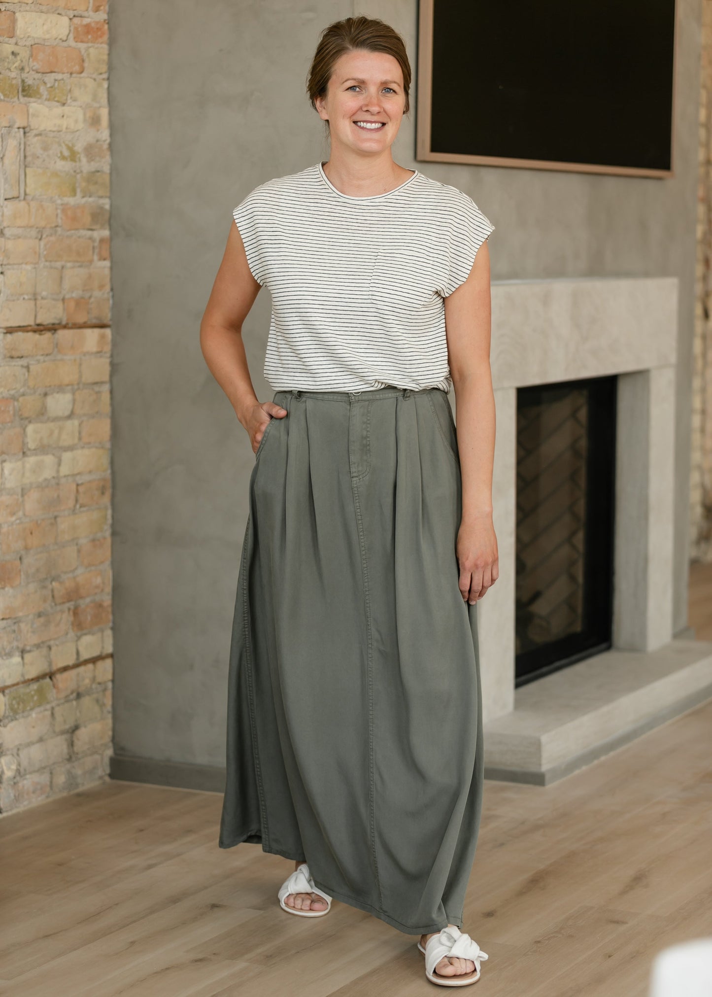 Olive A-line Lightweight Denim Maxi Skirt 