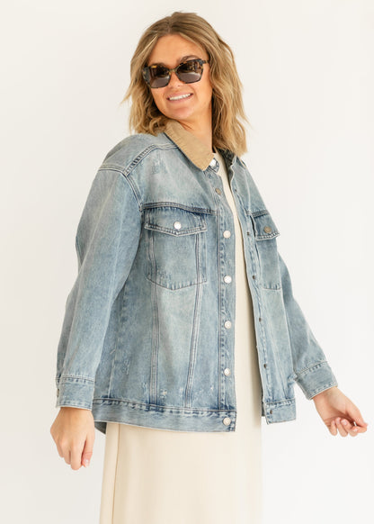 Andra Contrast Collar Distressed Denim Jacket FF Tops