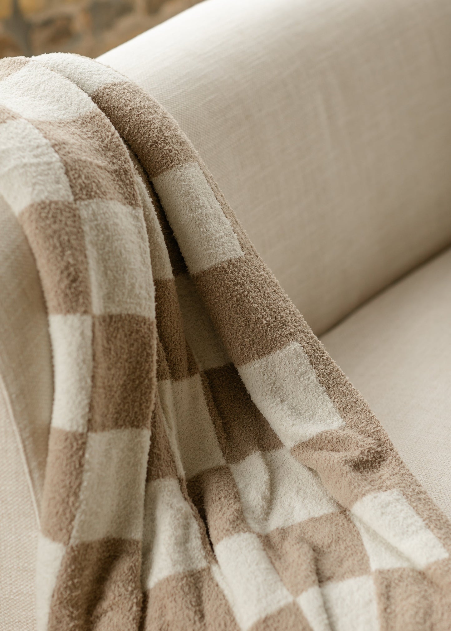 Beige Checkered Fuzzy Throw Blanket FF Home + Lifestyle