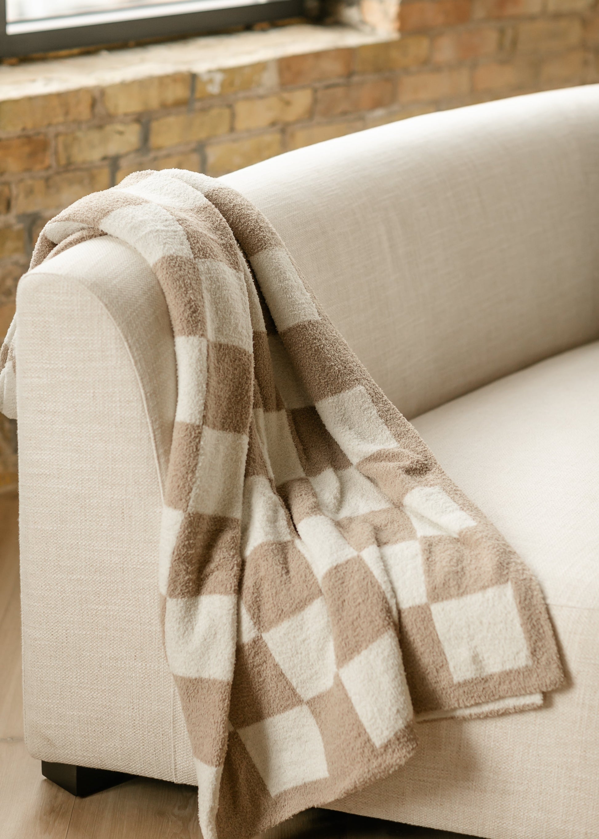 Beige Checkered Fuzzy Throw Blanket FF Home + Lifestyle