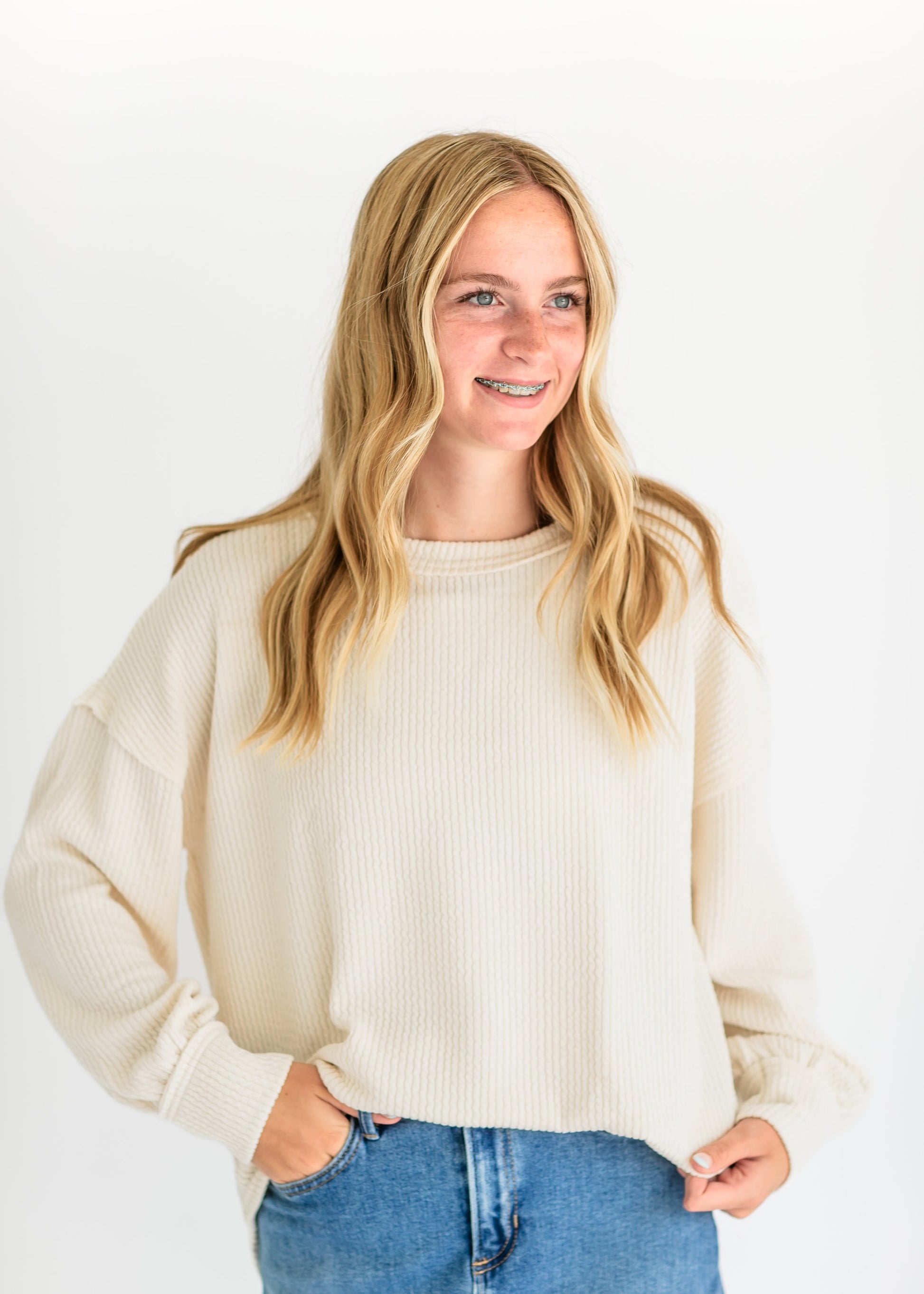 Bernadette Drop Shoulder Sweater Knit Top FF Tops Cream / S